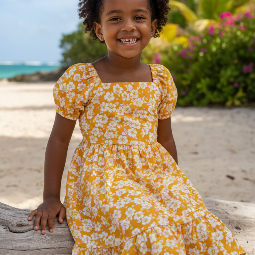 Petite fille antillaise en robe tahitienne à hibiscus blanc sur fond jaune soleil - 100% coton