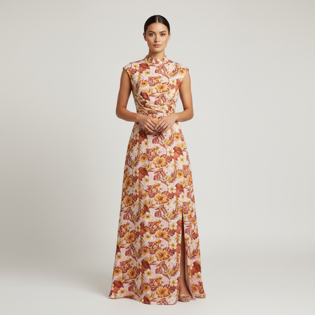 Robe femme élégante en tissu polynésien, motifs hibiscus et oiseaux de paradis, jaune et marron sur fond rose poudré