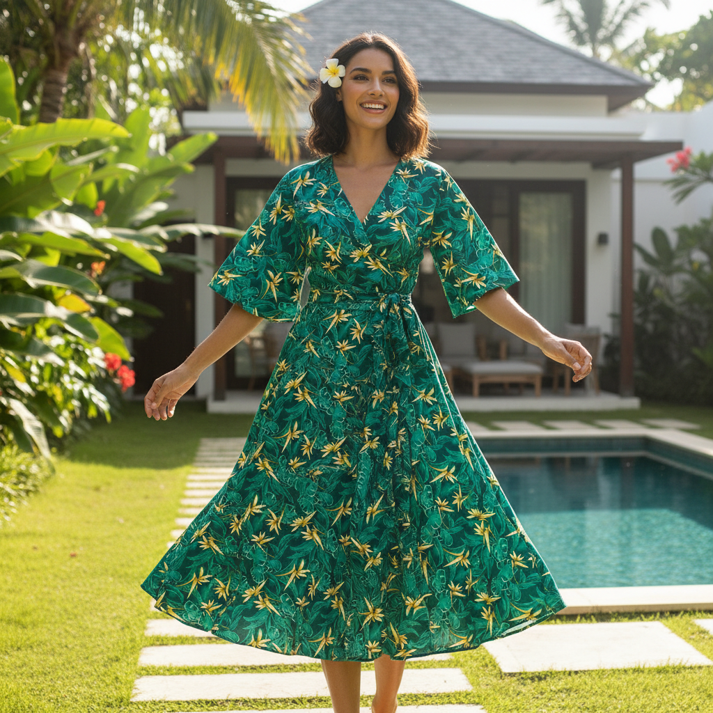 Robe femme en tissu polynésien oiseaux de paradis jaune sur fond vert émaeraude