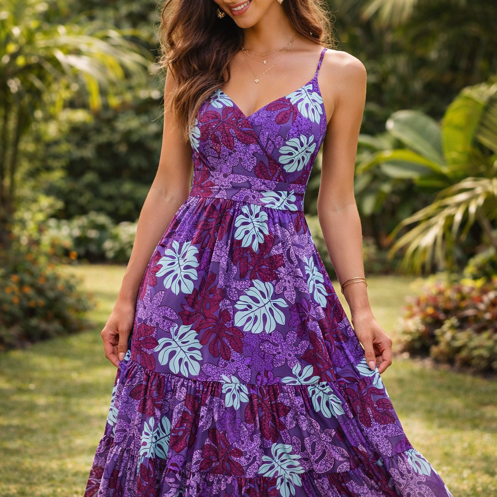 Femme portant une robe à bretelles et jupe volante, en tissu violet et blanc et motifs feuilles de monstera