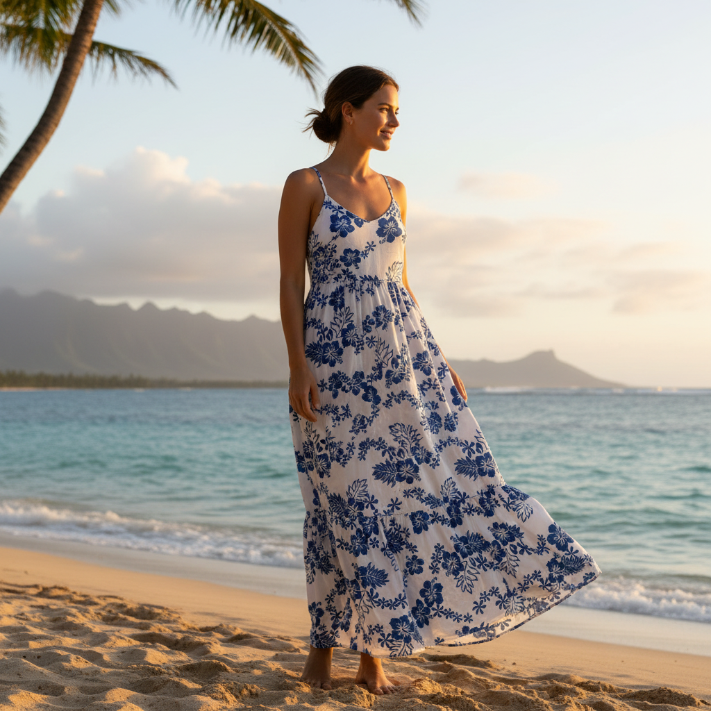 Robe femme tissu hibiscus blanc bleu