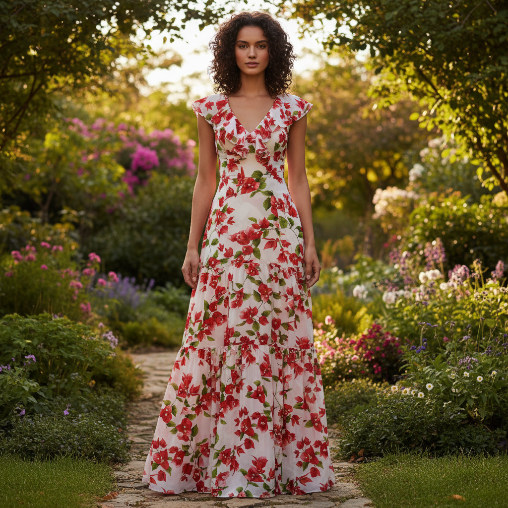 Robe longue en fibranne à fleurs de bougainvilliers