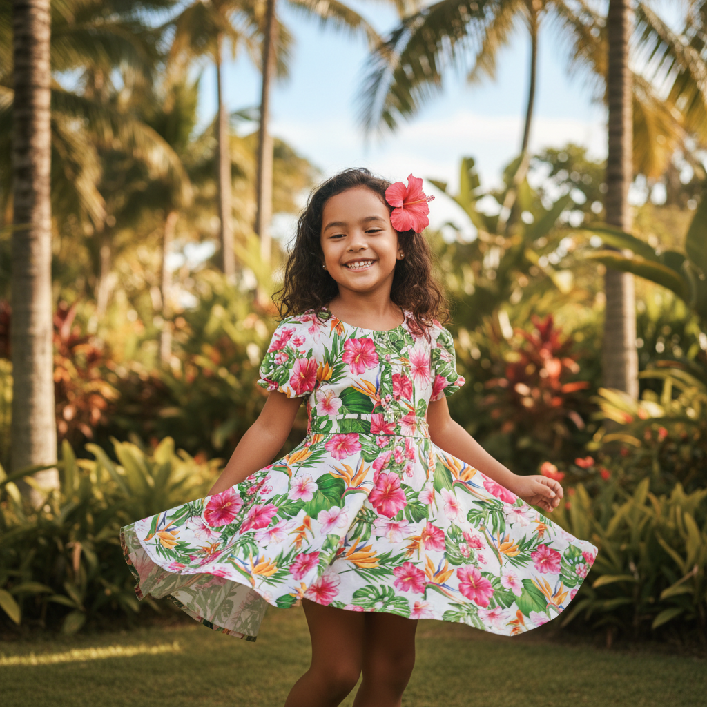 Robe tropicale petite fille avec tissu tahitien hiiscus et oiseaux paradis - blanc et rose