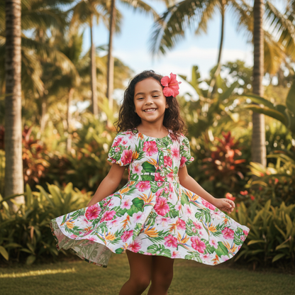 Robe tropicale petite fille avec tissu tahitien hiiscus et oiseaux paradis - blanc et rose