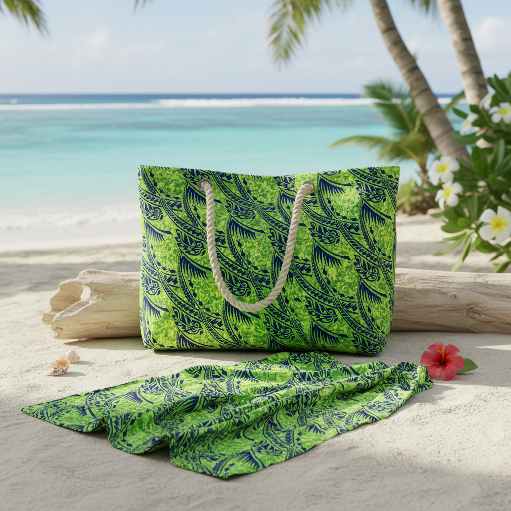 Sac de plage et paréo en tissu polynésien bleu et vert