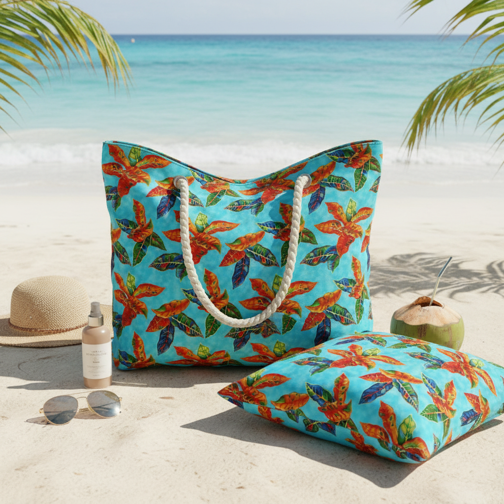 Sac de plage & housses de coussins – Crotons turquoise