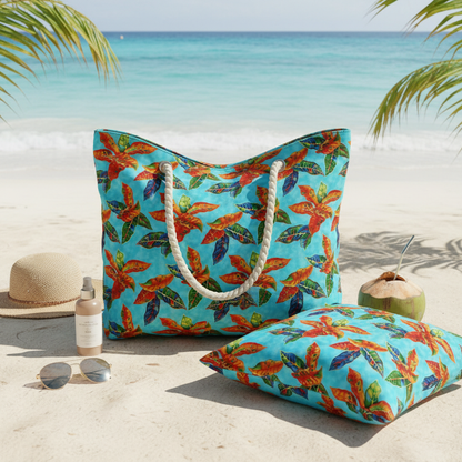 Sac de plage & housses de coussins – Crotons turquoise