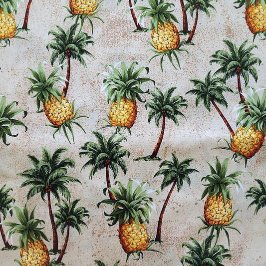 Tissu coton Ananas et Cocotiers jaune vert fond beige motifs tropicaux polynésiens Couleurs du Fénua