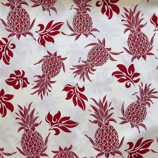 Tissu coton Ananas et Feuillage rouge bordeaux fond ivoire motifs tropicaux polynésiens Couleurs du Fénua