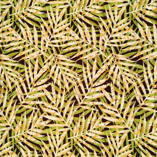 Tissu coton Feuillages Polynésiens vert jaune et noir - motifs tropicaux stylisés fougères sur fond noir