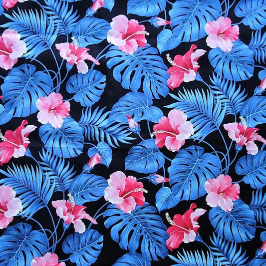 Tissu coton Hibiscus et Monstera rose bleu fond noir motifs floraux polynésiens Couleurs du Fénua