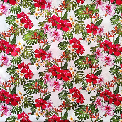 Tissu coton Hibiscus Tipanié Oiseaux de Paradis rouge blanc motifs floraux polynésiens Couleurs du Fénua
