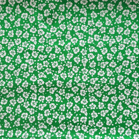 Tissu coton Hibiscus vert émeraude blanc motifs floraux polynésiens Couleurs du Fénua