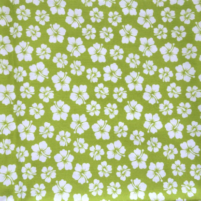 Tissu coton Hibiscus vert olive blanc motifs floraux polynésiens Couleurs du Fénua
