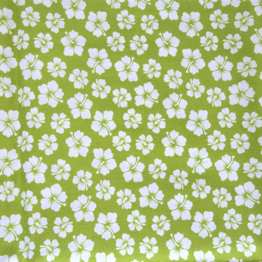 Tissu coton Hibiscus vert olive blanc motifs floraux polynésiens Couleurs du Fénua