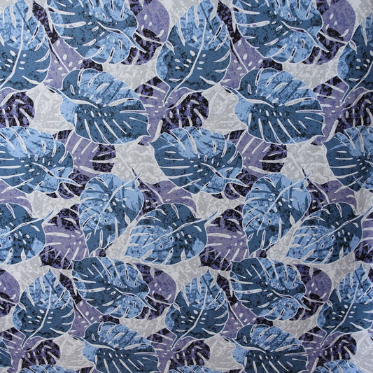 Tissu coton Monstera bleu gris fond blanc motifs tropicaux polynésiens Couleurs du Fénua