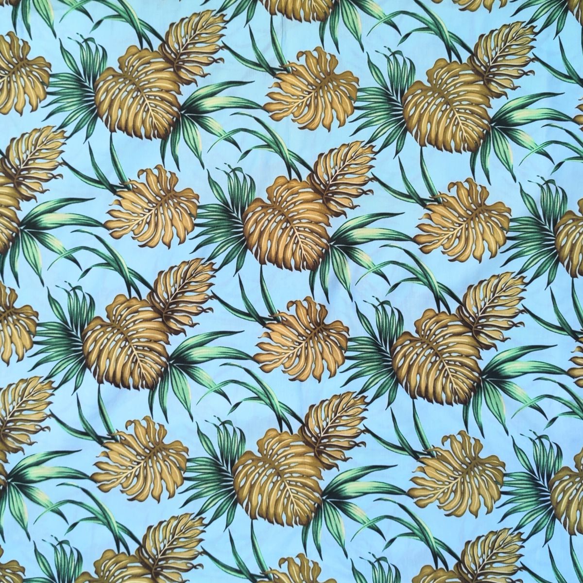 Tissu coton Monstera et Fleurs tropicales vert olive fond turquoise motifs polynésiens Couleurs du Fénua