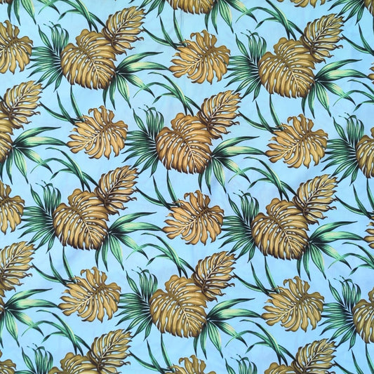 Tissu coton Monstera et Fleurs tropicales vert olive fond turquoise motifs polynésiens Couleurs du Fénua