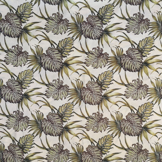 Tissu coton Monstera et Feuillages vert sauge sur fond écru, motifs tropicaux polynésiens - Couleurs du Fénua