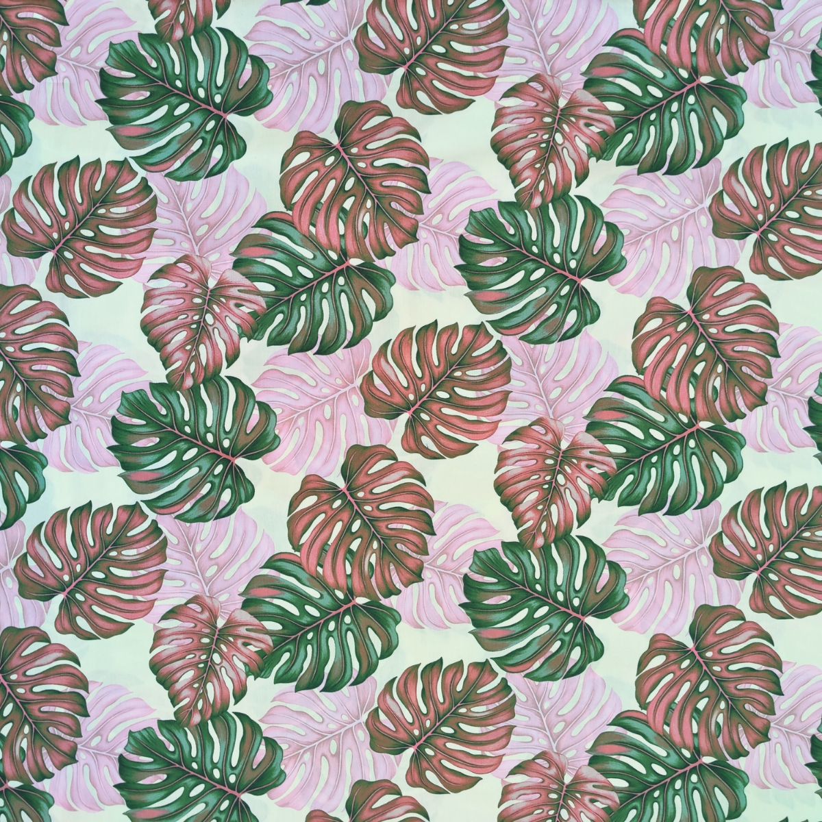 Tissu coton Monstera aquarelle vert rose fond clair motifs tropicaux polynésiens Couleurs du Fénua