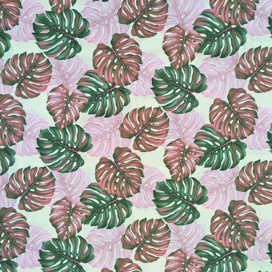 Tissu coton Monstera aquarelle vert rose fond clair motifs tropicaux polynésiens Couleurs du Fénua