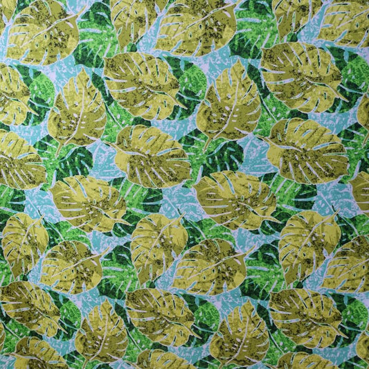 Tissu coton Monstera vert bleu lagon motifs tropicaux polynésiens Couleurs du Fénua