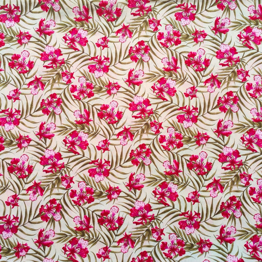 Tissu coton Palmiers et Orchidées rose fuschia fond beige motifs tropicaux polynésiens Couleurs du Fénua