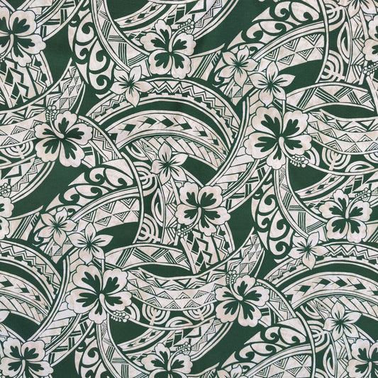 Tissu coton polynésien motifs hibiscus et tatouages géométriques beige sur fond vert émeraude - Couleurs du Fénua