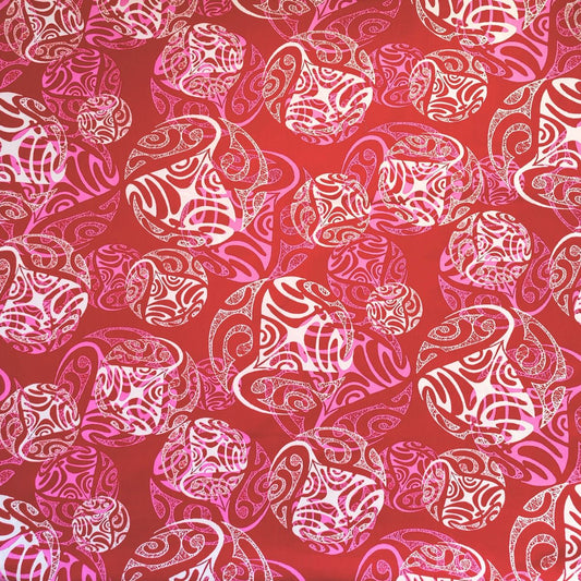 Tissu coton Tatouages polynésiens Raies Manta rose rouge motifs traditionnels Couleurs du Fénua