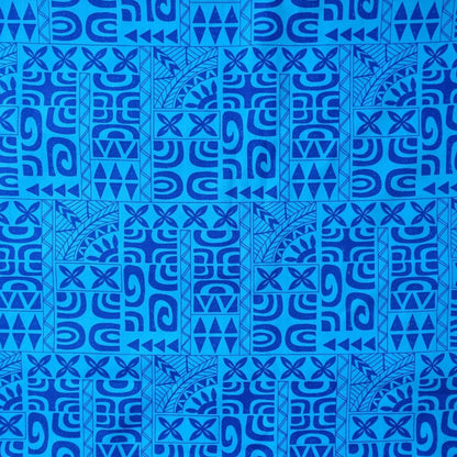 Tissu coton Tatouages polynésiens bleu indigo et ceruléen, motifs géométriques traditionnels - Couleurs du Fénua