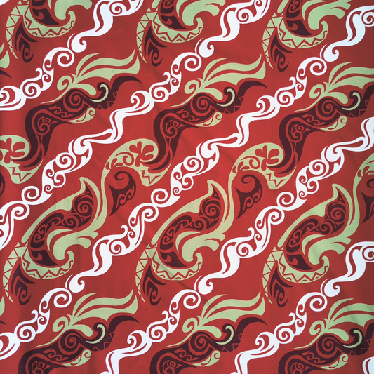 Tissu coton Tatouages polynésiens rouge vert motifs géométriques traditionnels - Couleurs du Fénua