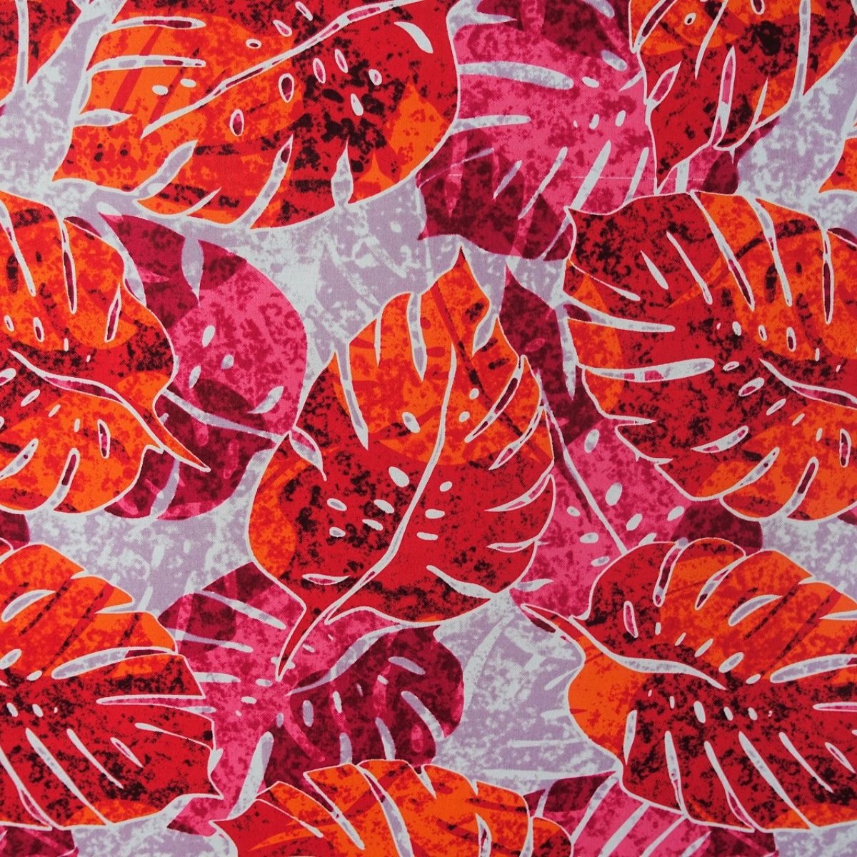 Détail motif Monstera rouge corail orange rose éclatants sur fond gris perle 100% coton