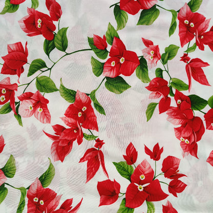 Tissu tahitien fibranne bougainvilliers rouge sur fond blanc lumineux parfait pour robes fluides ou kimono