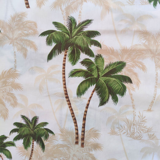 détails tissu polynésien cocotiers de Tahiti - fond beige et vert