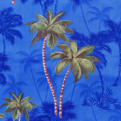 Détails tissu polynésien cocotiers bleu et vert 100% coton