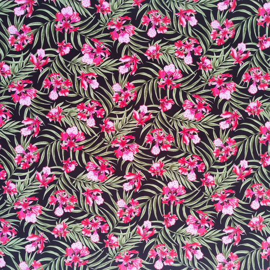Tissu coton Palmiers et Orchidées rose fuschia fond noir motifs tropicaux polynésiens Couleurs du Fénua