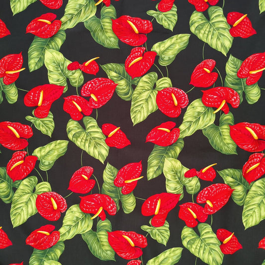 Tissu tahitien anthurium rouge sur fond noir tissu fibranne viscose stock limité