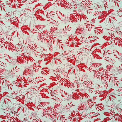 Tissu tahitien en coton, cocotiers et feuillages rouge et beige. Edition limitée