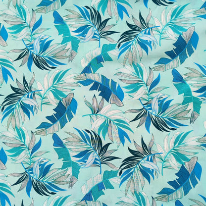 Tissu tahitien en coton, détails des motifs feuilles de bananiers et fougères , camaïeu de bleu. Edition limitée - aucun réassort.