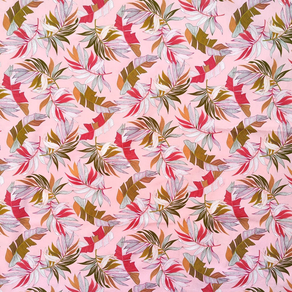 Tissu tahitien en coton, motifs feuilles de bananiers et fougères , camaïeu de rose. Edition limitée - aucun réassort.