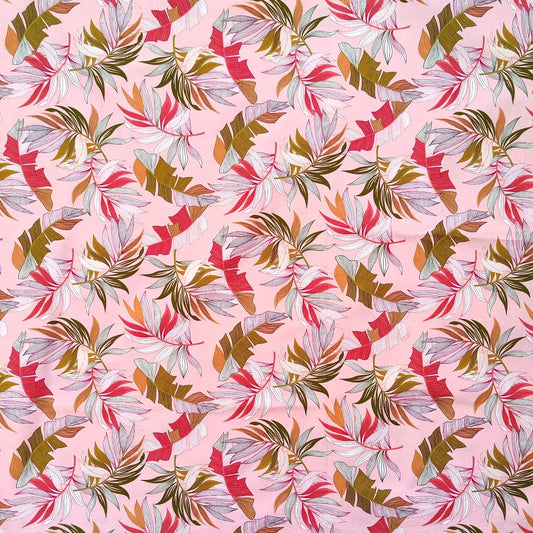 Tissu tahitien en coton, motifs feuilles de bananiers et fougères , camaïeu de rose. Edition limitée - aucun réassort.