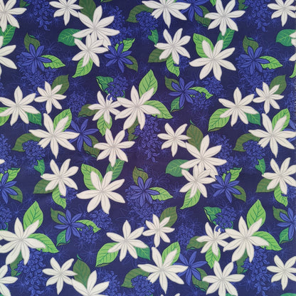 Tissu tahitien en coton, motifs fleurs de tiaré blanches sur fond bleu marine. Edition limitée - Expédié depuis la France - Dernier coupon