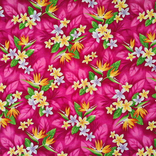 Tissu tahitien en coton, motifs frangipaniers et oiseaux de paradis jaune et blanc sur fond rose fuschia. Edition limitée. Stock limité