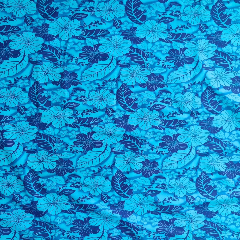 Tissu tahitien coton Hibiscus Camaïeu bleu