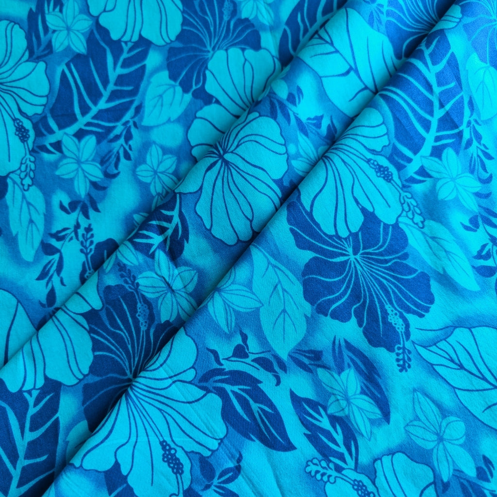 Tissu tahitien coton Hibiscus Camaïeu bleu