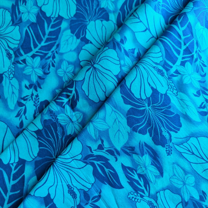 Tissu tahitien coton Hibiscus Camaïeu bleu