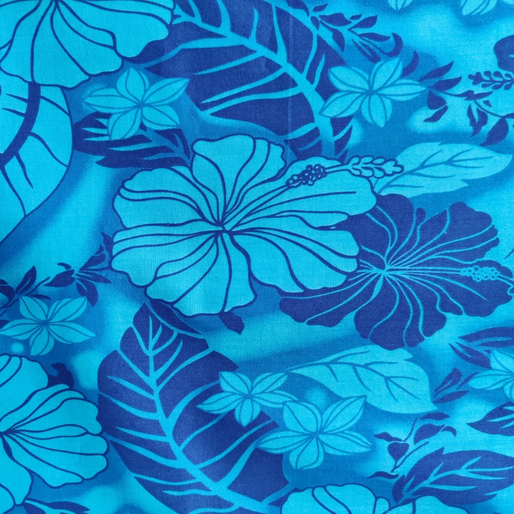 Tissu tahitien coton Hibiscus Camaïeu bleu