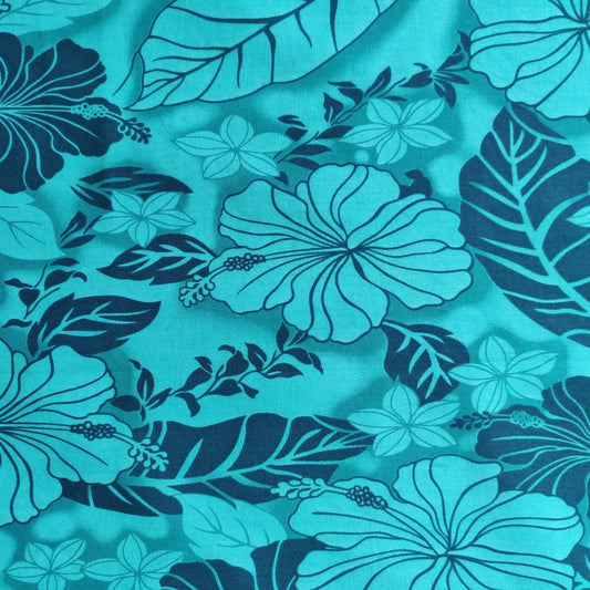 Tissu tahitien coton Hibiscus Feuillages Camaïeu vert