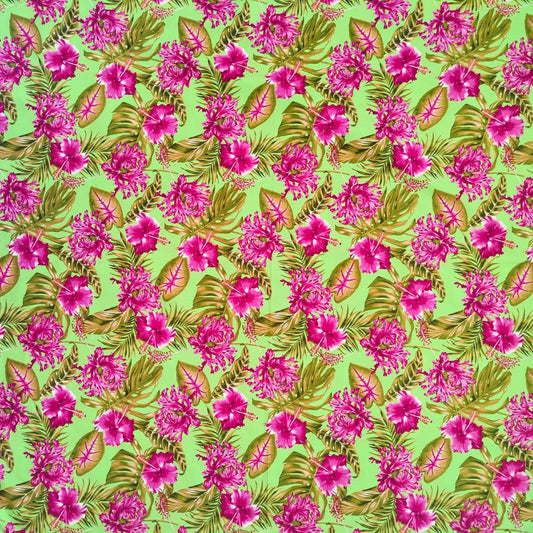 Tissu tahitien en coton, hibiscus rose de chine, monstera et croton, rose et vert. Edition limitée, aucun réassort