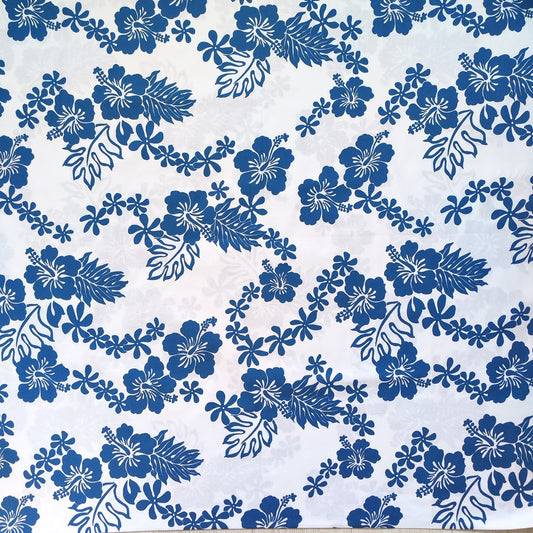 Tissu tahitien en coton, fleurs hibiscus et tiaré bleu sur fond blanc lumineux - Edition limitée